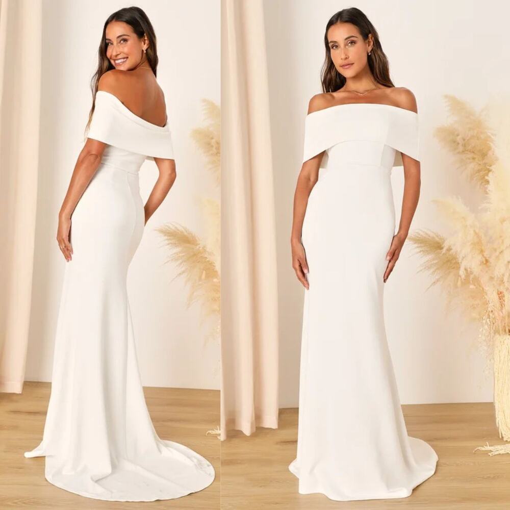 Lulus Womens Exceptional Romance White Off the Shoulder Mermaid Maxi Dress‎ M